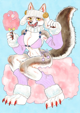 4_toes anthro arm_warmers armwear big_breasts bikini biped blush bra breasts candy claws cleavage clothed clothing cloud dessert fangs feet female fingers fluffy fluffy_tail food fur grey_body grey_fur hat headgear headwear kemono leg_warmers legwear licking licking_lips licking_own_lips looking_at_viewer multicolored_body multicolored_fur navel open_mouth pawpads paws self_lick simple_background sitting smile solo swimwear tail teeth toe_claws toes tongue tongue_out topwear tuft two-piece_swimsuit underwear white_body white_fur yellow_eyes kyokyota canid canine canis mammal wolf 2025 hi_res traditional_media_(artwork)
