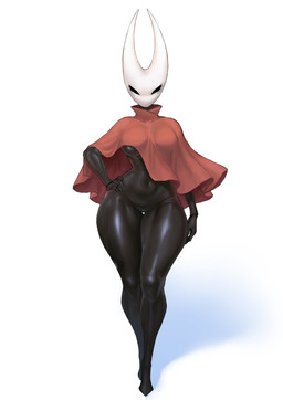 2_horns anthro black_body black_eyes breasts cloak clothing eyelashes female glistening glistening_body glistening_thighs hand_on_hip horn navel red_cloak red_clothing solo thigh_gap under_boob wide_hips meruzis hollow_knight_(franchise) team_cherry hornet_(hollow_knight) arthropod insect 2025 hi_res