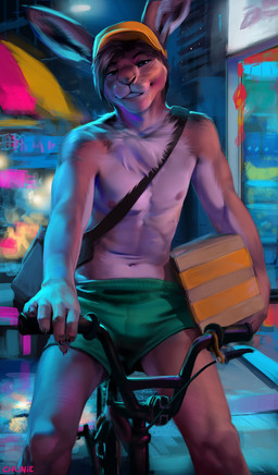 anthro athletic athletic_anthro athletic_male baseball_cap bicycle bottomwear bulge city clothed clothing delivery_(commerce) delivery_employee detailed_background hat headgear headwear holding_object looking_at_viewer male navel neck_tuft nipples outside shorts smile solo topless tuft vehicle chunie hare lagomorph leporid mammal 2020 adobe_photoshop_(artwork) digital_media_(artwork) digital_painting_(artwork) hi_res painting_(artwork)