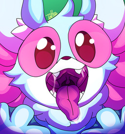 ambiguous_gender blue_body blue_fur bodily_fluids cheek_tuft close-up ear_tuft external_gills facial_tuft feral fur gills looking_at_viewer membrane_(anatomy) mouth_focus mouth_shot open_mouth pink_eyes purple_insides purple_tongue saliva saliva_on_tongue saliva_string smile solo teeth tongue tongue_out tuft uvula webbed_hands tattersthebat rain_world videocult rivulet_(rain_world) amphibian aquatic slugcat cel_shading hi_res shaded