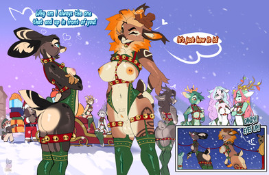 5_fingers animal_genitalia anthro antlers areola balls barbell_piercing belt biped blush bottomwear breasts christmas_clothing christmas_headwear christmas_present clothed clothed_anthro clothed_female clothed_gynomorph clothed_intersex clothed_male clothing countershade_torso countershading dialogue erection female fingers front_view fully_clothed fully_clothed_anthro fully_clothed_female fully_clothed_male fur genitals gift group gynomorph gynomorph/female hair hat headgear headwear holding_object holidays horn ineffective_clothing intersex intersex/female legwear looking_at_another male markings motion_lines navel nipple_dip nipple_piercing nipples one_eye_closed open_mouth outside pants penis piercing rear_view santa_hat sheath sky smile snow snowing speech_bubble spots spotted_body spotted_fur standing tail teeth text thigh_highs tongue topwear tuft winter cocoline_(artist) christmas gooddeer lin_(cocoline) canid canine deer fox mammal 2025 absurd_res digital_drawing_(artwork) digital_media_(artwork) english_text hi_res
