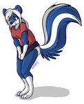 anthro blue_body blue_fur blush bottomwear clean_diaper clothed clothing covering covering_self diaper exposed_diaper female fully_clothed fur green_eyes hair shirt simple_background skirt solo standing topwear wearing_diaper white_background white_body white_fur white_hair pupspace taki_(takikuroi) mammal mephitid skunk 2011