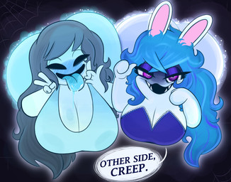 4_fingers anthro bedroom_eyes bent_over big_breasts big_butt black_eyes blue_body blue_clothing blue_dress blue_hair blue_skin blue_tongue blush blush_lines bodily_fluids breasts butt cleavage clothed clothing dialogue dress dripping drooling duo eye_through_hair eyebrow_through_hair eyebrows eyelashes eyeshadow fangs featureless_hands fellatio_gesture female fingers front_view gesture hair hand_gesture hanging_breasts huge_breasts huge_butt humanoid_hands insult long_ears long_hair looking_at_viewer makeup narrowed_eyes no_pupils noseless open_mouth open_smile phasing_through_wall pink_inner_ear pupils purple_eyes purple_eyeshadow purple_wall saliva saliva_drip saliva_on_tongue seductive sharp_teeth simple_eyes smile speech_bubble spider_web spiral spiral_eyes strapless_clothing suggestive suggestive_gesture talking_to_viewer teasing teeth teeth_showing text thick_eyelashes through_wall tongue tongue_out translucent translucent_hair v_sign wall_(structure) white_body white_skin ota_(artist) mario_plus_rabbids_sparks_of_hope raving_rabbids rayman_(series) spooky's_jump_scare_mansion ubisoft midnite_(mario_plus_rabbids) spooky_(sjm) ghost humanoid lagomorph mammal rabbid spirit 2022 crossover digital_media_(artwork) english_text hi_res