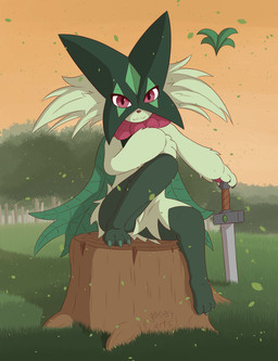 ambiguous_gender anthro fangs fur grass green_body green_fur leaf looking_at_viewer melee_weapon orange_sky outside pink_eyes plant sitting sky solo sword teeth tree tree_stump weapon gooeyarts nintendo pokemon generation_9_pokemon meowscarada pokemon_(species) absurd_res hi_res