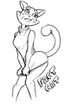 anthro blush bottomwear breasts clothed clothing female looking_back skirt solo tail text paoguu super_planet_dolan shima_luan domestic_cat felid feline felis mammal 2024 5:8 black_and_white english_text monochrome