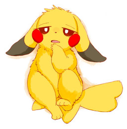 anthro blush blush_lines brown_eyes covering covering_crotch female fur looking_at_viewer lying on_back open_mouth paws simple_background solo tail tongue yellow_body yellow_fur unko_koedame nintendo pokemon generation_1_pokemon pikachu pokemon_(species) 2026