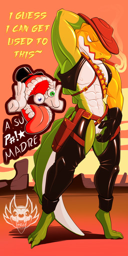 andromorph anthro bandits bulge candy cowboy_outfit crossgender dessert fingering food genitals gummy_(food) intersex latex male slit_fingering smoke solo vulva western wild_west nalli glitch_productions the_amazing_digital_circus caine_(tadc) gummigoo_(tadc) alligator alligatorid crocodilian food_creature living_candy reptile scalie hi_res