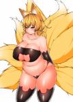 9_tails armwear big_breasts black_bra black_clothing black_panties black_underwear blonde_hair blush bra breasts camel_toe cat_ear_panties cat_keyhole_bra cat_lingerie cleavage cleavage_cutout clothed clothing curvy_figure cutout female fluffy fluffy_tail hair huge_breasts keyhole_bra keyhole_clothing keyhole_underwear legwear light_body light_skin lingerie looking_at_viewer micro_panties multi_tail navel nipple_outline panties simple_background skimpy skindentation slightly_chubby smile solo standing stockings strapless_bra strapless_clothing strapless_underwear tail thick_thighs underwear underwear_only voluptuous white_background wide_hips yellow_eyes kotatsu_foxdragon touhou ran_yakumo animal_humanoid canid canid_humanoid canine canine_humanoid fox_humanoid humanoid mammal mammal_humanoid absurd_res hi_res