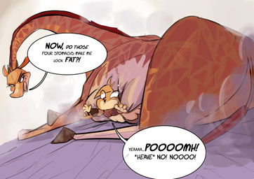annoyed anthro belly belly_squish big_belly bulging_eyes clothing dialogue duo dust dust_cloud exclamation_point eyelashes female feral fur hand_on_belly hooves horn interrobang lying_on_another markings midriff orange_body orange_fur ossicone overweight overweight_female quadruped question_mark simple_background size_difference speech_bubble spots spotted_body spotted_fur squish tail text windspan bigsby_the_bunny hashira_the_giraffe giraffe giraffid lagomorph leporid mammal rabbit 2021 absurd_res digital_media_(artwork) english_text hi_res