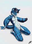 andromorph anthro biped collar genitals hair intersex kneeling long_tail looking_at_viewer navel nude pussy simple_background smile solo tail coszcatl azure_(electricalsnake) felid mammal hi_res