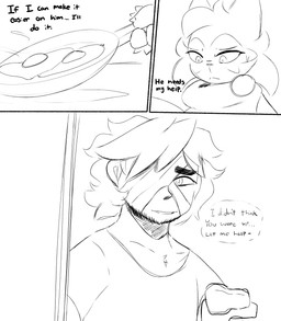 anthro bandage bandage_on_face beard cane claws clothing cooking dialogue duo egg facial_hair female food male shirt text topwear spicykiwi nintendo pokemon thomas_(spicykiwi) tulip_(spicykiwi) floragato generation_9_pokemon human mammal pokemon_(species) absurd_res comic hi_res monochrome story