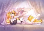 :3 amber_eyes anthro bed bed_sheet bedding big_breasts black_bra black_clothing black_panties black_underwear blonde_hair bra breasts cleavage clothed clothing cutie_mark eyebrow_through_hair eyebrows eyelashes feathered_wings feathers female fur furniture hair hooves horn inner_ear_fluff long_hair lying navel on_front panties solo tail translucent translucent_hair tuft underwear unguligrade white_body white_fur wings yellow_tail dandy_(artist) hasbro my_little_pony mythology fan_character star_nai equid equine mammal mythological_creature mythological_equine winged_unicorn 2021 absurd_res hi_res signature