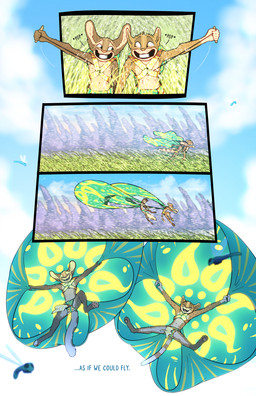 anthro duo fantasy male nonsexualized_young onomatopoeia parachute parachuting sound_effects text wind fek the_sparks_of_daybreak fekkri_talot rikken_talot catfolk absurd_res comic hi_res