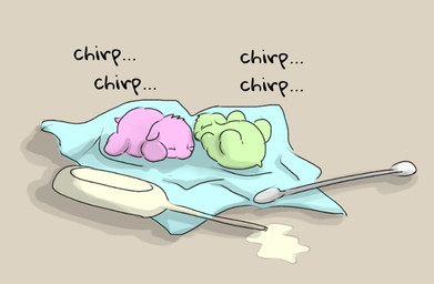 ambiguous_feral ambiguous_gender animal_noises chirping cloth cotton_swab duo feral fur green_body green_fur grey_background lying micro milk monotone_body monotone_fur neonate on_back on_front pink_body pink_fur simple_background tail text young young_ambiguous young_feral carpdime fluffy_pony fluffy_pony_(species) mammal digital_media_(artwork) english_text shaded