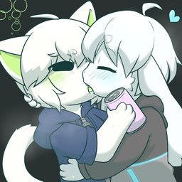 4_fingers ahoge anthro black_background black_clothing black_hoodie black_topwear blue_clothing blue_hoodie blue_tongue blue_topwear blush bodily_fluids breath buckteeth can clothing container drooling drunk duo embarrassed eyebrows eyes_closed fingers fur green_body green_fur green_tongue hair half-closed_eyes heart_symbol holding_can holding_container holding_object hoodie hug kissing male male/male narrowed_eyes open_mouth saliva simple_background substance_intoxication sweat tail teeth tongue topwear white_body white_fur white_hair young young_anthro young_male pi_suke0a0 thuy domestic_cat felid feline felis lagomorph leporid mammal rabbit 1:1 2023 japanese_description