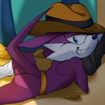 anthro bedroom_eyes belt blue_eyes blue_nose bubble_butt butt clothing cowboy_hat facial_tuft fangs flirting flirting_with_viewer fur grin grinning_at_viewer hat headgear headwear long_tail looking_at_viewer looking_back looking_back_at_viewer lying lying_on_ground male narrowed_eyes on_front on_ground pose purple_body purple_fur seductive smile smiling_at_viewer smirk smirking_at_viewer solo tail teeth tuft white_body white_fur alex_kitsune sega sonic_the_hedgehog_(series) fang_the_hunter dipodid jerboa mammal rodent 1:1 absurd_res hi_res shaded