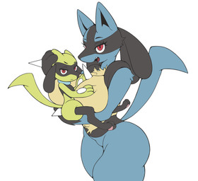 ambiguous_gender anthro big_breasts black_body black_fur blue_body blue_ears blue_tail breasts duo eyelashes female fur hand_on_breast hand_on_head iris larger_female pupils red_eyes size_difference smaller_ambiguous tail teeth thick_thighs tongue yellow_body yellow_fur yellow_tail young tod_d nintendo pokemon generation_4_pokemon lucario pokemon_(species) riolu shiny_pokemon hi_res