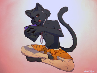 4_fingers aged_up anthro arm_tuft belly_tuft black_body black_eyebrows black_fur black_nose black_sclera blue_phone bottomwear cheek_tuft chin_tuft clothed clothing crossed_legs electronics eyebrows facial_tuft fingers focused fur gaming gradient_background head_tuft headphones holding_object holding_phone inner_ear_fluff jacket male male_anthro mouth_closed orange_clothing orange_eyes orange_jacket orange_topwear pants paws phone pink_body pink_skin playing_video_game pupils red_background shoeless shoulder_tuft simple_background sitting solo tail tan_bottomwear tan_clothing tan_pants three-quarter_view tongue tongue_out topless topless_anthro topless_male topwear tuft white_background white_pupils wire mouselect domestic_cat felid feline felis mammal 4:3 digital_drawing_(artwork) digital_media_(artwork) digital_painting_(artwork) painting_(artwork)