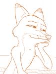 2017 anthro arm_support canid canine disney fox half-closed_eyes leaning_on_elbow male mammal monochrome narrowed_eyes nick_wilde nude orange_and_white reaction_image red_fox simple_background smile smirk solo tggeko true_fox white_background zootopia