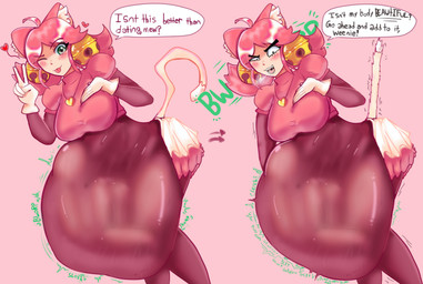 abdominal_bulge ambiguous_gender ambiguous_prey animal_ears animal_noises_while_talking before_and_after bell big_breasts blush breasts burping cat_tail clenching_stomach clothing cowlick crazy_eyes digestion digestion_noises dipstick_tail dress eyelashes female female_pred frilly frilly_clothing frilly_dress gesture gloves green_eyes hair hand_gesture handwear humanoid_pred inner_ear_fluff jewelry markings meowing necklace one_eye_closed onomatopoeia open_mouth open_smile overweight overweight_female overweight_humanoid pink_background pink_hair prey_outline puffy_sleeves rumbling_stomach short_hair simple_background smile solo sound_effects tail tail_markings talking_to_prey text tongue tongue_out tuft v_sign vore wink goobygreyrat deltarune undertale_(series) mad_mew_mew mew_mew_(undertale) pink_(deltarune) animal_humanoid felid felid_humanoid feline feline_humanoid humanoid mammal mammal_humanoid 2026 absurd_res digital_drawing_(artwork) digital_media_(artwork) hi_res