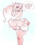 anthro bottomwear breasts clothing dialogue dipstick_tail female fluffy fluffy_tail holding_own_tail holding_tail markings medium_breasts midriff multicolored_tail shorts solo tail tail_hug tail_markings talking_to_viewer text glacierclear regys_(carp) canid canine fox mammal digital_media_(artwork) english_text hi_res monochrome shaded