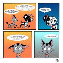 4_panel_comic black_body black_fur duo female feral floppy_ears fur grey_body grey_fur male speech_bubble spots text whiskers white_body white_fur unclescooter 101_dalmatian_street 101_dalmatians disney deepak_(101_dalmatians) deidra_(cartooncross) canid canine canis dalmatian domestic_cat domestic_dog felid feline felis mammal 2023 comic english_text hi_res
