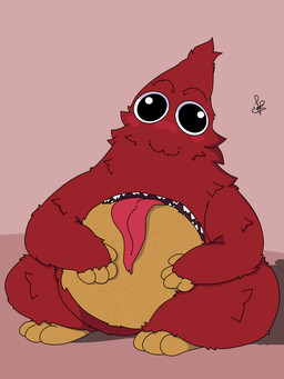 anthro belly_mouth blush fur male mouthless multicolored_body multicolored_fur red_body red_fur simple_background solo thecubbyfoxs2feniko tongue tongue_out mob_entertainment poppy_playtime chum_chompkins living_toy mammal primate_taur 3:4 absurd_res hi_res