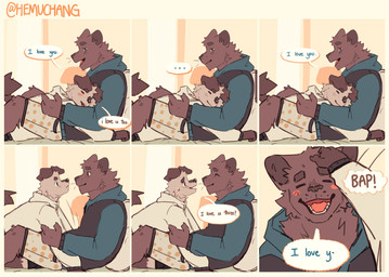 anthro bed black_body black_clothing black_eyes black_fur black_hoodie black_topwear blue_clothing blue_hoodie blue_topwear clothing duo eye_contact eyes_closed floppy_ears fur furniture headpat hoodie hug i_love_you looking_at_another male muscular muscular_anthro muscular_male on_bed slim_anthro slim_male speech_bubble text topwear white_body white_clothing white_fur white_hoodie white_topwear hemuchang pots_(hemuchang) shin_(hemuchang) 2022 absurd_res comic english_text hi_res