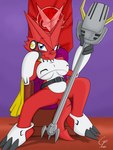 anthro blue_eyes breasts chair female furniture non-mammal_breasts red_body solo throne under_boob overlord_gabriel bandai_namco digimon digimon_xros_wars digimon_(species) shoutmon hi_res