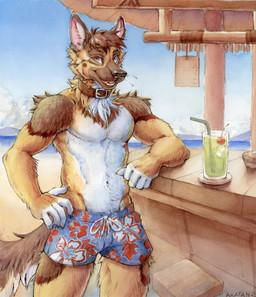 anthro arm_tuft beverage black_nose blue_sky brown_body brown_collar brown_fur brown_hair clothed clothing collar front_view fur glistening glistening_eyes hair hand_on_hip looking_at_viewer male messy_hair neck_tuft open_mouth open_smile outside red_eyes short_hair shoulder_tuft sky smile solo standing swimming_trunks swimwear tan_body tan_fur topless tuft water white_body white_fur akatan_art mahn_gough canid canine canis domestic_dog german_shepherd herding_dog mammal pastoral_dog 2023 dated hi_res portrait signature three-quarter_portrait traditional_media_(artwork)