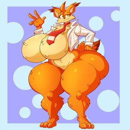 anthro big_breasts big_butt breasts butt clothing collared_shirt crossgender dipstick_tail dress_shirt featureless_breasts featureless_crotch female green_eyes huge_breasts huge_butt huge_hips huge_thighs hyper hyper_breasts hyper_thighs markings mostly_nude mtf_crossgender multicolored_body necktie shirt solo tail tail_markings thick_thighs topwear two_tone_body wide_hips jaeh bubsy_(series) bubsy_bobcat bobcat felid feline lynx mammal 1:1 hi_res