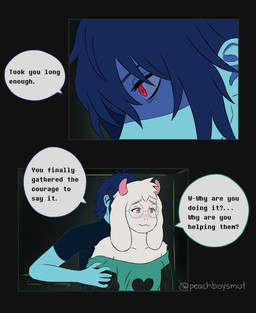 ambiguous_gender ambiguous_human anthro assisted_exposure black_clothing blue_body blush clothed clothing dialogue dress duo eyewear femboy fur glasses green_clothing green_dress horn inside long_ears male pink_eyes red_eyes speech_bubble text wearing_glasses white_body white_fur peachboysmut deltarune undertale_(series) kris_dreemurr ralsei bovid caprine darkner goat human mammal 2026 comic digital_media_(artwork) english_text hi_res