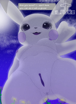 anthro anus breasts female genitals looking_at_viewer looking_down low-angle_view medium_breasts navel night nippel nipples nude nude_anthro open_mouth plant pokemorph purple_eyes sky smile solo spread_vulva spreading star teeth text translucent vulva white_body silavos nintendo pokemon pokemon_pokopia peakychu generation_1_pokemon ghost mammal pikachu pokemon_(species) rodent spirit hi_res watermark
