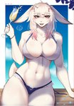 alcohol anthro beverage biped breasts champagne clothed clothing eyelashes female front_view hair looking_at_viewer open_mouth pubes pupils smile solo swimwear thick_thighs homura_kyuu lagomorph leporid mammal rabbit hi_res