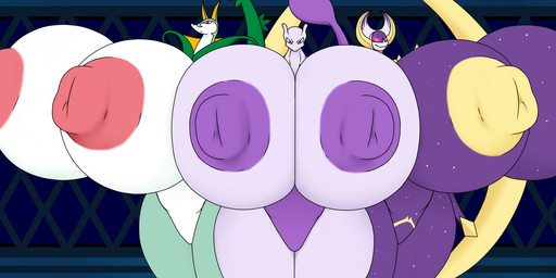 big_breasts big_nipples breasts crossgender female group huge_breasts huge_nipples hyper hyper_breasts hyper_nipples mtf_crossgender nipples non-mammal_nipples trio necrobern nintendo pokemon generation_1_pokemon generation_5_pokemon generation_7_pokemon humanoid legendary_pokemon lunala mewtwo pokemon_(species) serperior hi_res