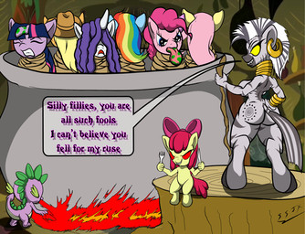 anthro anthrofied blonde_hair blue_body blue_eyes blue_fur breasts butt cauldron character_prepared_as_food clothing container corruption cutlery ear_piercing female feral fire food fork fur glowing glowing_eyes group hair hat headgear headwear horn hungry hypnosis in_container kitchen_utensils knife male melee_weapon mind_control multicolored_hair piercing pink_body pink_fur pink_hair polearm purple_hair rainbow_hair red_eyes rope side_boob soup staff stew stripes tail text tongue tools two_tone_hair weapon wood young young_anthro unknown_artist friendship_is_magic hasbro my_little_pony mythology apple_bloom_(mlp) applejack_(mlp) fluttershy_(mlp) pinkie_pie_(mlp) rainbow_dash_(mlp) rarity_(mlp) spike_(mlp) twilight_sparkle_(mlp) zecora_(mlp) dragon earth_pony equid equine horse mammal mythological_creature mythological_equine mythological_scalie pony scalie unicorn zebra digital_media_(artwork) english_text
