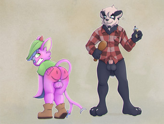 anthro ball_stretcher balls bent_over big_balls body_writing boots bottomless brush butt_slap clothed clothing duo feet footwear genitals hairbrush hat headgear headwear male male/male marker nervous nervous_smile pattern_clothing pattern_shirt pattern_topwear paws penis penis_under_shirt plaid plaid_clothing plaid_shirt plaid_topwear shirt shoes simple_background size_difference slap smile spank_marks spanking tail topwear tunic wings sqwek carve_(carbunny) felix_(crinklebat) badger bat mammal mustelid musteline