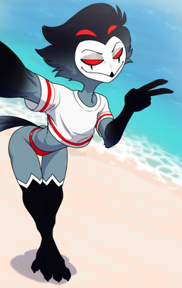 anthro barefoot beach butt clothing crop_top digitigrade feet male selfie shirt smug smug_face solo talons thong toes topwear underwear zimakum hellaverse helluva_boss stolas_(helluva_boss) avian bird demon owl absurd_res hi_res