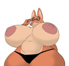 anthro big_breasts breasts clothing eyebrows eyewear female fingers fur glasses huge_breasts huge_thighs multicolored_body multicolored_fur navel orange_body orange_fur panties pink_nose simple_background solo tan_body tan_fur thick_thighs underwear wearing_glasses white_background oleanderin dreamworks the_bad_guys diane_foxington canid canine fox mammal 2026 hi_res