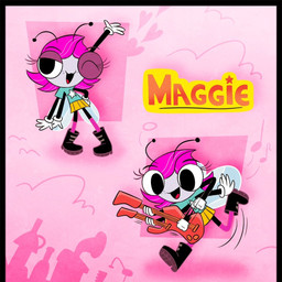 4_arms antennae_(anatomy) anthro big_eyes blue_clothing blue_shirt blue_topwear boots bottomwear clothing double-neck_guitar electric_guitar female footwear freckled_face freckles gloves grey_body grey_skin guitar hair handwear holding_guitar holding_musical_instrument holding_object insect_wings multi_arm multi_limb musical_instrument orange_bottomwear orange_clothing orange_skirt pink_background pink_clothing pink_footwear pink_hair pink_socks plucked_string_instrument purple_boots purple_clothing purple_footwear red_guitar running shirt shoes simple_background skirt socks solo string_instrument t-shirt topwear white_clothing white_gloves white_handwear wings j.drawsstuff disney the_buzz_on_maggie maggie_pesky arthropod fly_(animal) insect 1:1