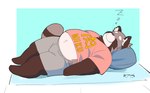 2024 anthro bottomwear brown_body canid canine clothing eyes_closed hi_res inunoshippo kemono lying male mammal overweight overweight_male pillow raccoon_dog shirt shorts sleeping solo tanuki text text_on_clothing text_on_shirt text_on_topwear topwear
