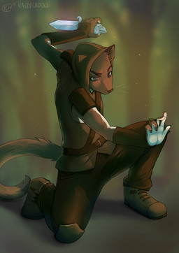 5_fingers anthro armor belt biped boots bottomwear brown_body brown_fur clothed clothing dagger dipstick_tail fingers footwear fully_clothed fur holding_object holding_weapon hoodie knee_pads kneeling male markings melee_weapon multicolored_tail pants shoes shoulder_guards solo tail tail_markings topwear vambrace weapon whiskers white_body white_fur kaitycuddle mammal mustelid musteline true_musteline weasel 2015 digital_media_(artwork) shaded