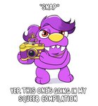 anthro camera female fur glistening_eyelids hair ponytail purple_body purple_fur purple_hair red_eyes side_ponytail solo yellow_nose yellowhellion bugsnax young_horses beffica_winklesnoot grumpus 2021 meme