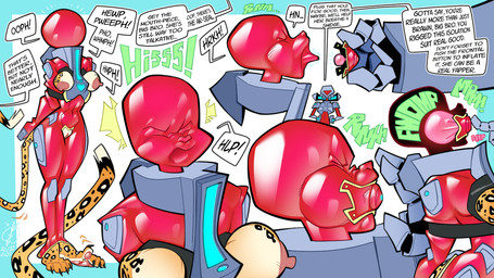 anthro armbinder arms_tied bdsm big_breasts binder_(restraint) bondage_gear bound breasts clothing contraption_concept dialogue encasement female fur gag gagged genitals grey_body group hobbled inflatable_gag latex latex_clothing latex_mask latex_skinsuit legs_tied machine male markings mask multicolored_body nipples pawpads pink_nipples pink_pawpads red_body red_clothing red_latex red_skinsuit restraints skinsuit speech_bubble spots spotted_body spotted_fur tail text tight_clothing trio two_tone_body vulva wearing_mask yellow_body yellow_fur oddjuice monkey_wrench_(series) background_character jaguar_girl_(monkey_wrench) felid humanoid jaguar mammal pantherine robot 16:9 2026 english_text widescreen