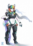 anthro armor clothed clothing female fur hair midriff navel smile solo standing wide_hips grungecandy canid canine mammal