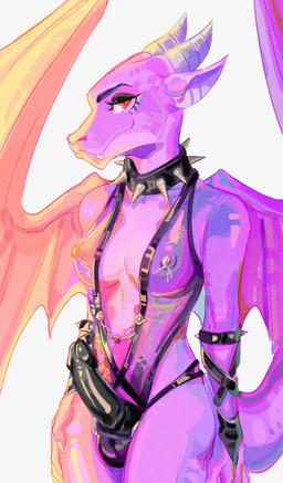 anthro balls black_penis breasts chain clothing collar erection genitals gynomorph horn intersex mostly_nude penis purple_body purple_scales red_eyes scales solo spiked_collar spikes tail translucent translucent_clothing wings elsyt mythology cassandra_valentine dragon mythological_creature mythological_scalie scalie hi_res