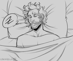 beard bedding blanket facial_hair hair human_only lips male mustache not_furry pillow sleeping solo speech_bubble zillabean hannibal_(series) will_graham human mammal 6:5 monochrome