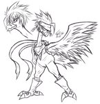 2_toes beak claws clothing feathered_wings feathers feet feral hair long_neck male scar solo tail tail_feathers toe_claws toes wings twilightvolt bandai_namco digimon avian digimon_(species) peckmon 2020 hi_res monochrome signature