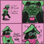 4_panel_comic ambiguous_gender anthro biped blush blush_lines bodily_fluids border clean_diaper close-up clothed clothing delta_rune_(emblem) dialogue diaper eyewear featureless_feet feet front_view glasses hat headgear headwear heart_symbol interrobang offscreen_character on_one_leg pink_background question_mark realization robe robe_lift scarf scribble_eyes simple_background solo standing sweat sweatdrop symbol text three-quarter_view wearing_diaper wizard_hat young m3g4 deltarune deltarune_tomorrow_(meme) undertale undertale_(series) ralsei bovid caprine goat mammal 1:1 2025 colored comic dated digital_media_(artwork) english_text flat_colors hi_res signature