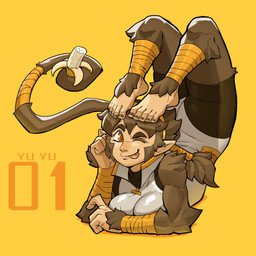 5_fingers 5_toes accessory arm_support arm_tuft arm_wraps athletic athletic_female athletic_wear banana barefoot big_breasts blep blush bodysuit breasts brown_body brown_fur brown_hair brown_nails clothed clothing colored_nails elbow_tuft exercise exercise_clothing fangs feet female fingers fitness flexible food fruit fur gesture hair hair_accessory hairband hand_gesture humanoid_feet humanoid_hands leg_tuft leg_wraps legwear leotard lying muscular muscular_female nails on_front one_eye_closed orange_eyes plant plantigrade pointing ponytail short_hair simple_background skinsuit smile solo tail tail_coil tail_wraps teeth tight_clothing tights toes tongue tongue_out tuft upside_down wink wraps yellow_background ceehaz asian_mythology east_asian_mythology japanese_mythology mythology yu_yu_(ceehaz) animal_humanoid ape haplorhine humanoid mammal mammal_humanoid monkey monkey_humanoid primate primate_humanoid yokai 1:1 2019 absurd_res hi_res